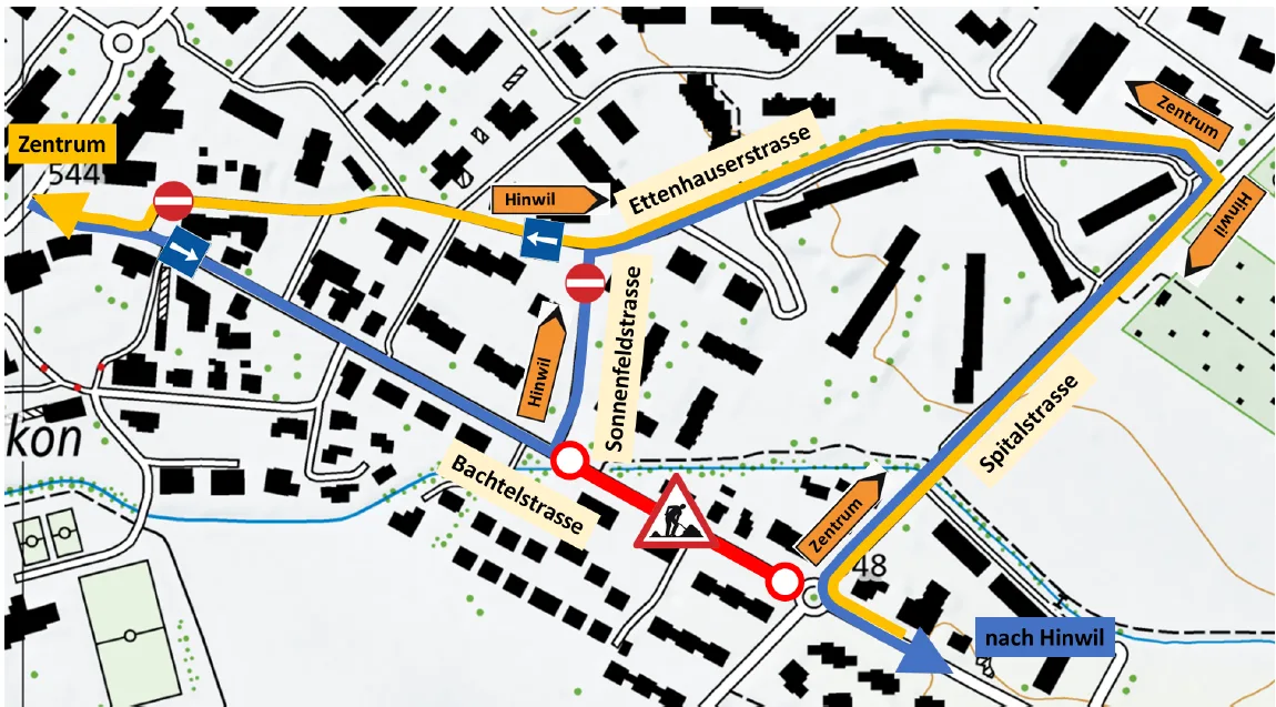 Man sieht eine Karte mit der Umleitung während der Zeit der Bauarbeiten an der Bachtelstrasse in Wetzikon.